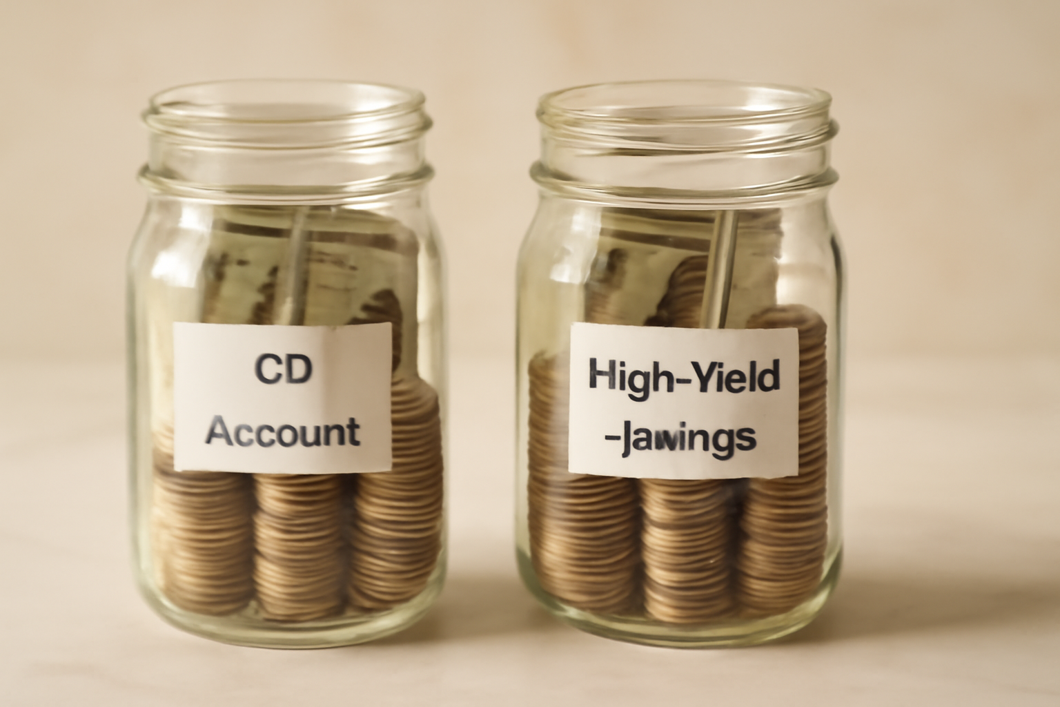 Two glass jars with coins representing CD accounts and high-yield savings accounts side by side on a marble surface