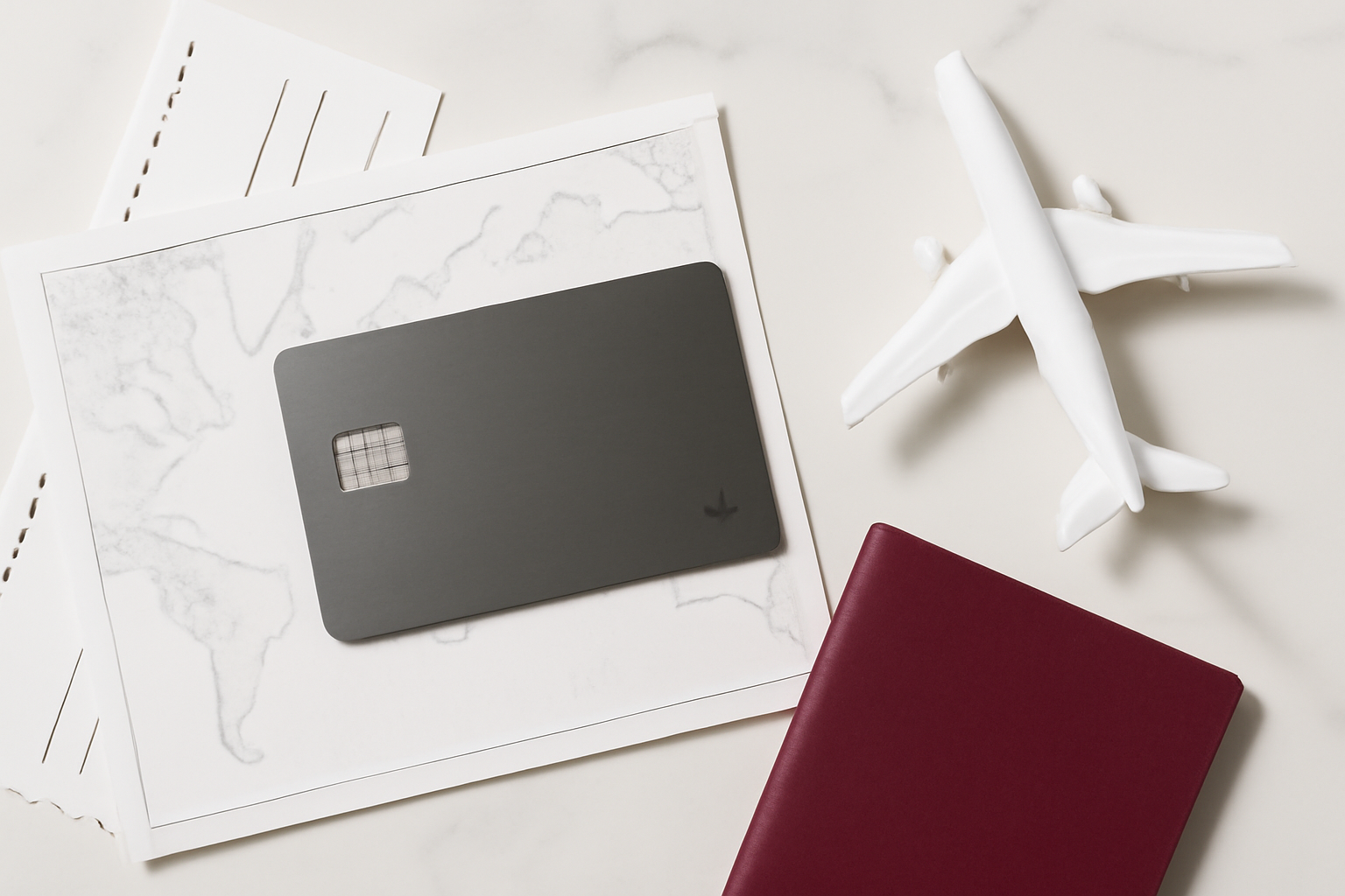 Travel rewards credit card on a world map with boarding pass and passport