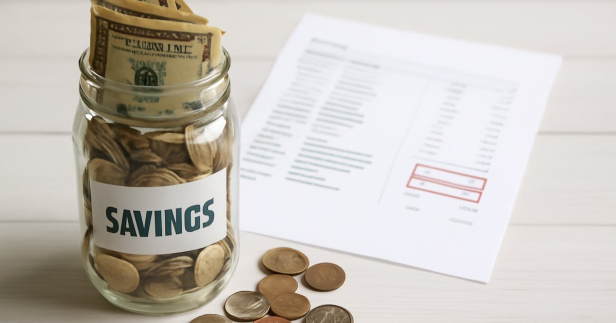 Glass savings jar with dollar bills next to a bank statement highlighting avoidable bank fees