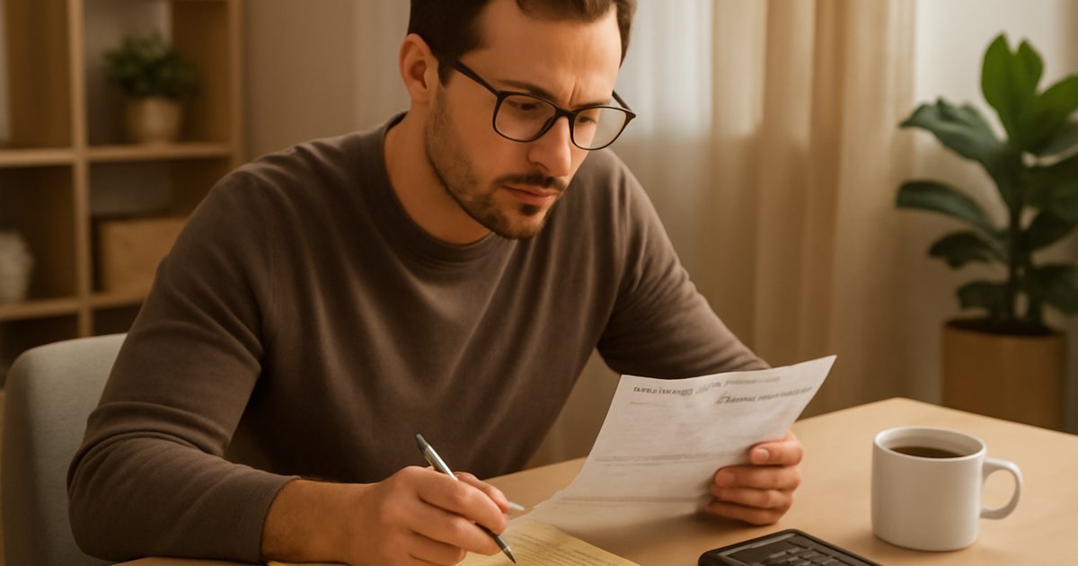 Person reviewing credit card statements and creating a debt payoff plan at a home desk