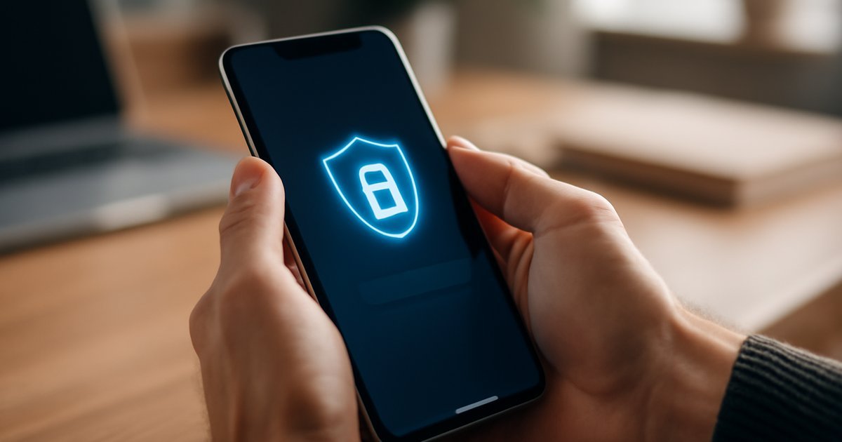 Person using secure mobile banking app with security shield on screen